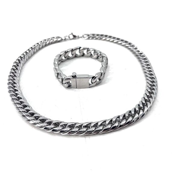 Miami Cuban Link Bracelet 9'' & Chain 22'' - 12mm Anti-Tarnish Stainless Steel - Picture 1 of 9